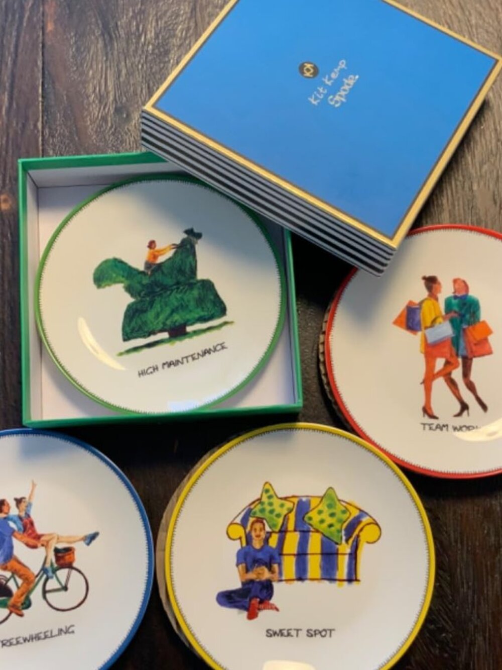 SPODE Kit Kemp Doodles China Tidbit Trays Set/Four Assorted Taglines Boxed NWT